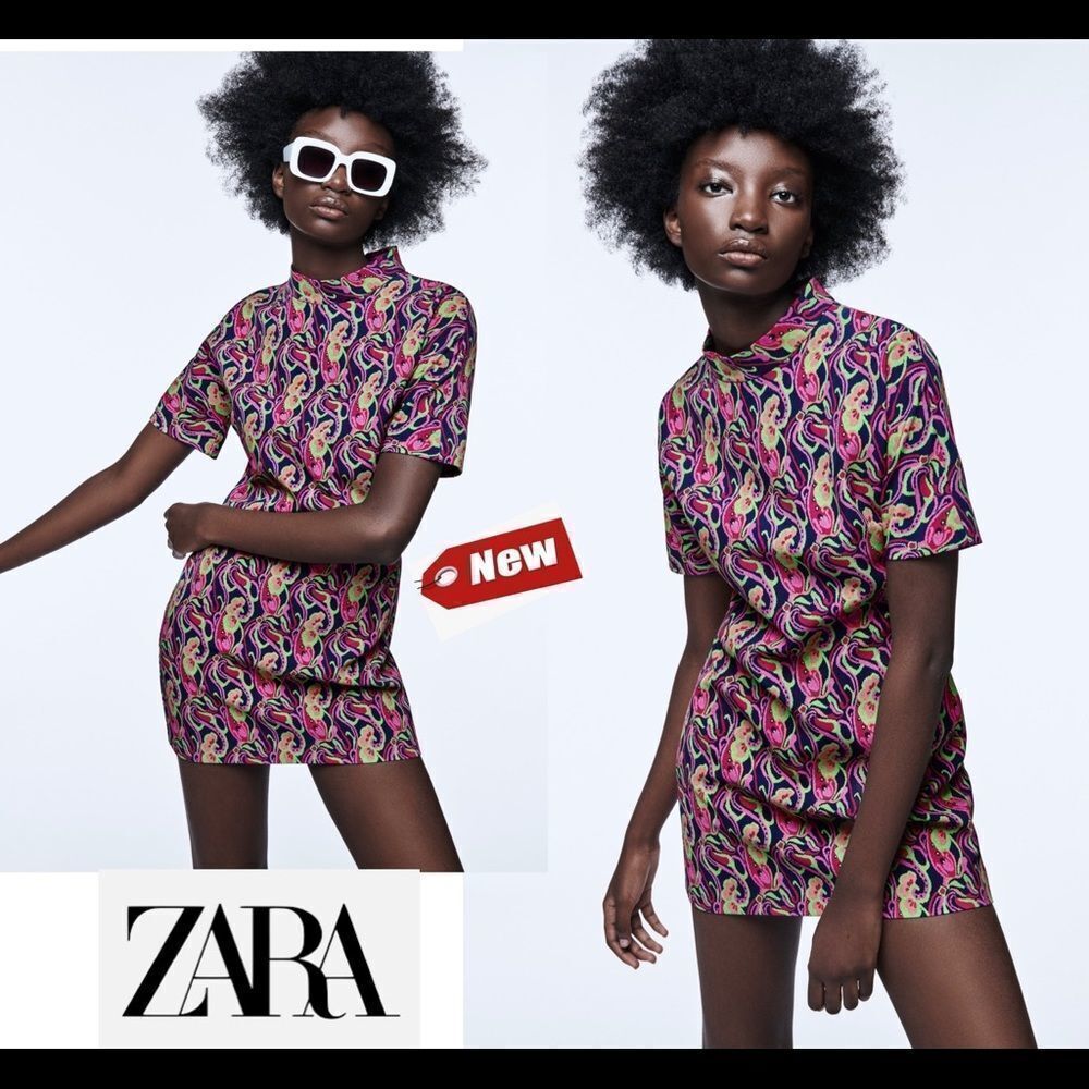 Zara pink printed multicoloured high collar short sleeve mini dress size S NWT